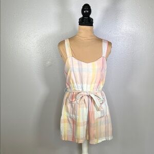 Colorful pastel plaid linen blend tiewaist romper L cottagecore picniccore girly